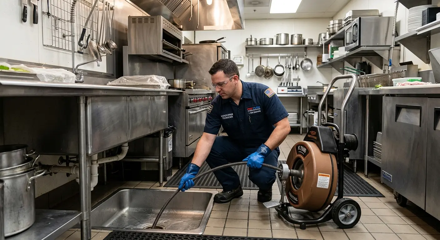 Commercial drain cleaning service in a restaurant kitchen in Lockwood