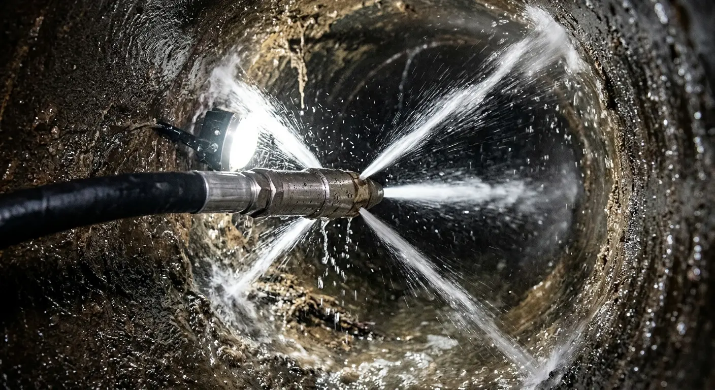 High-pressure hydro jetting nozzle cleaning sewer pipe for Trenchless Sewer Repair in Lockwood