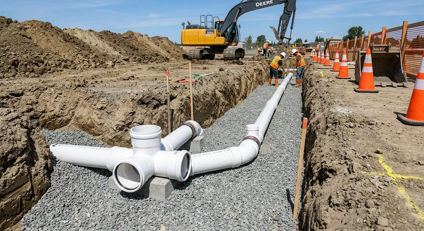 New PVC sewer pipe installation in open trench for Grease Trap Cleaning in Lockwood