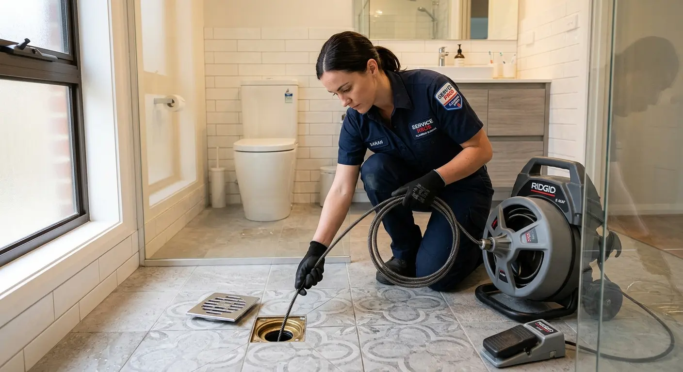 Technician clearing a bathroom floor drain for Drain Repair in Lockwood